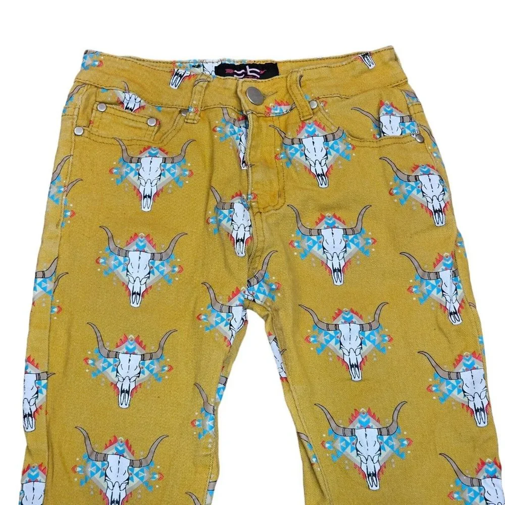 Fallon Taylor Western Steer Skull Jeans Bootcut Flare Mustard‎ Yellow 27 X 32